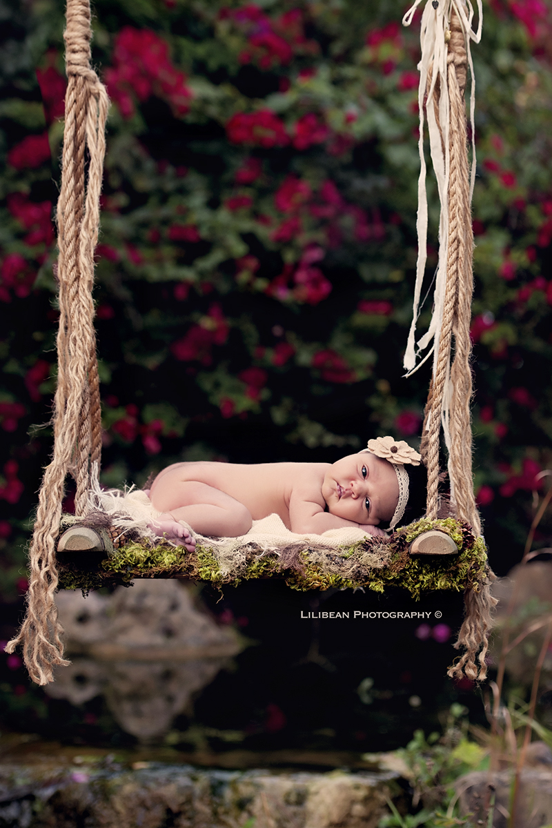 South Florida Newborn Photographer Baby in Swing Woodsy Wonders Wood Swing Prop Miami Aventura Broward Photography Maternity Pics Newborn